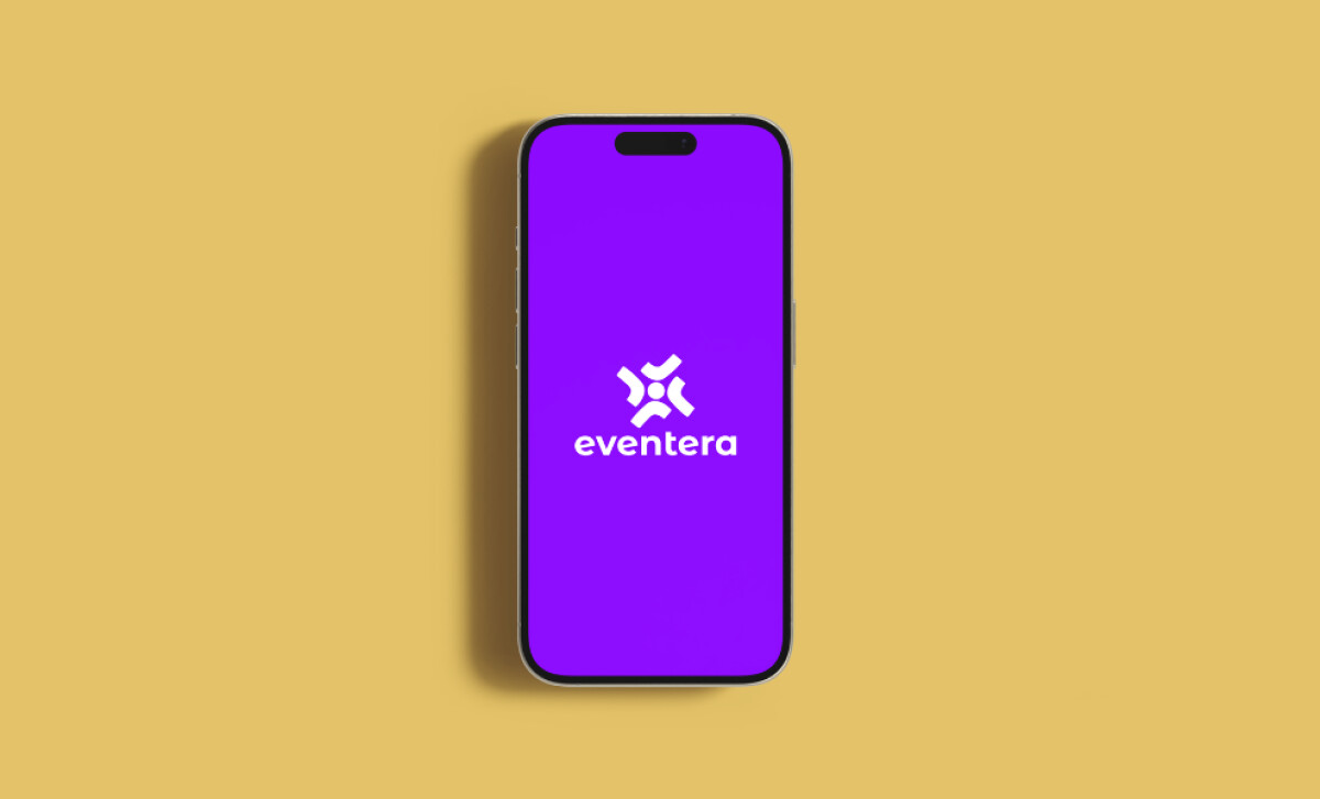 Smartphone screen showcasing the Eventera logo by Miella Studio.
