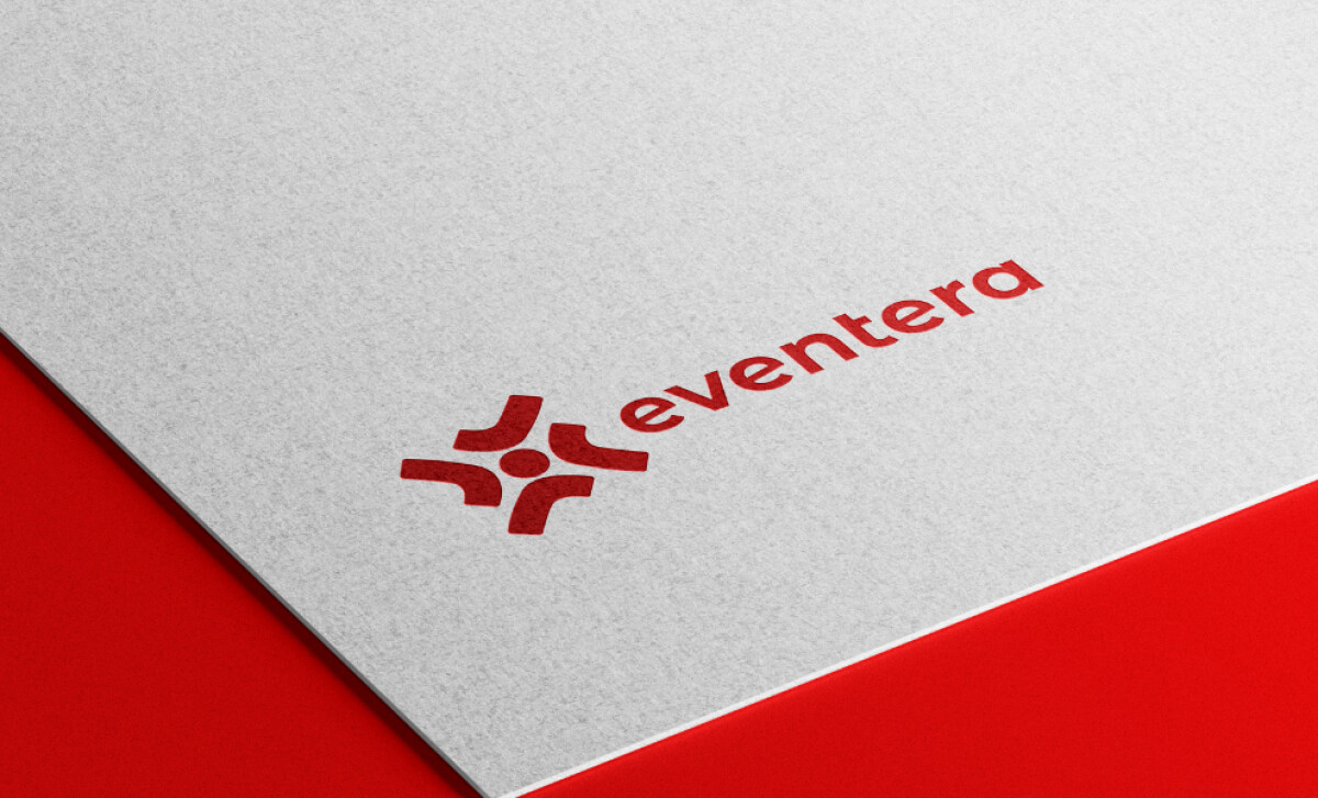 Printed Eventera logo in red on textured white paper by Miella Studio.