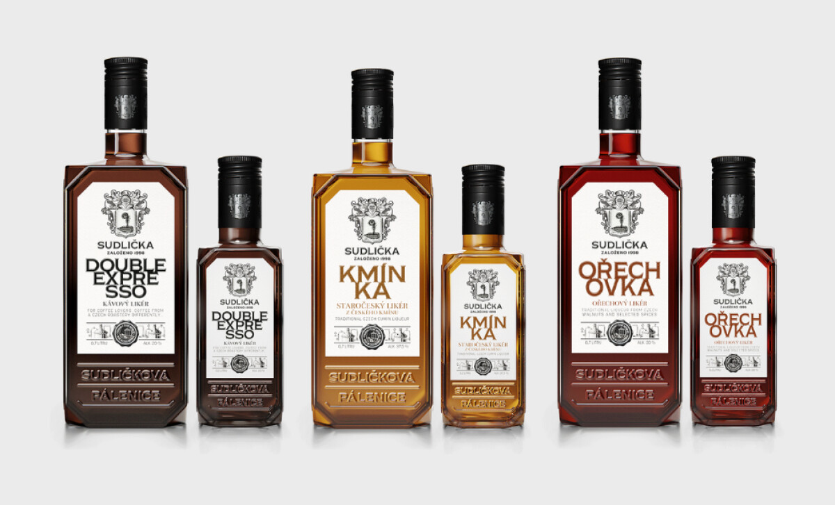 Lineup of Sudlička bottles by Zoumar Design.
