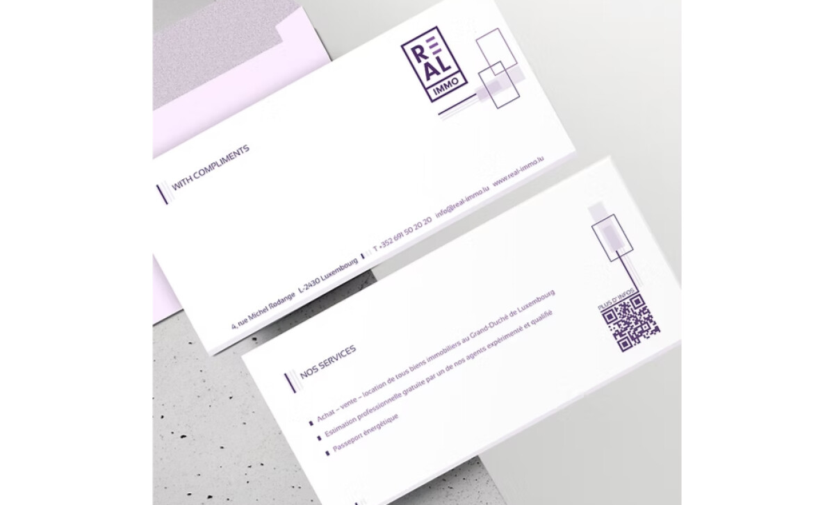 REAL IMMO branded compliment slip and service card by Morenart Graphics.