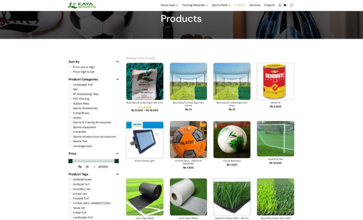 Kaya Sports products section by WeBajra Studio.