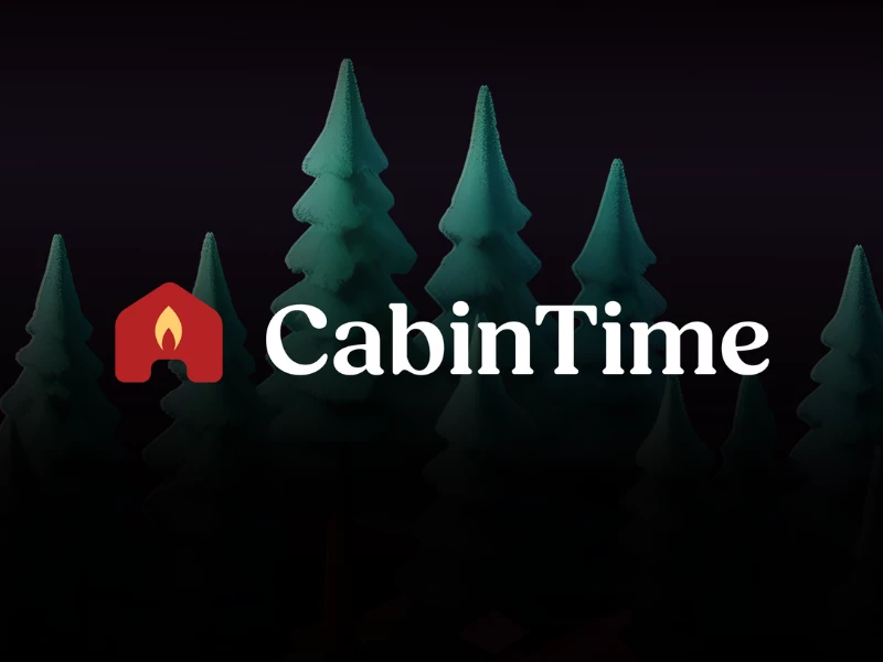 Cabin Time app logo with red cabin icon against forest background.