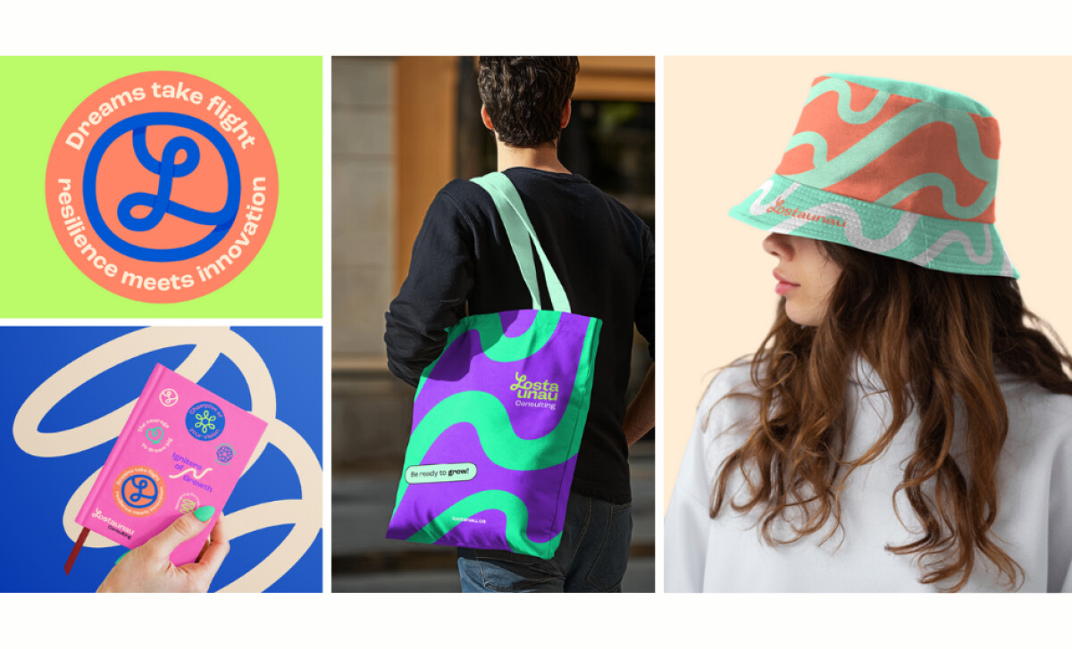 Lostaunau Consulting print collateral, including stickers, a tote bag, and a hat.