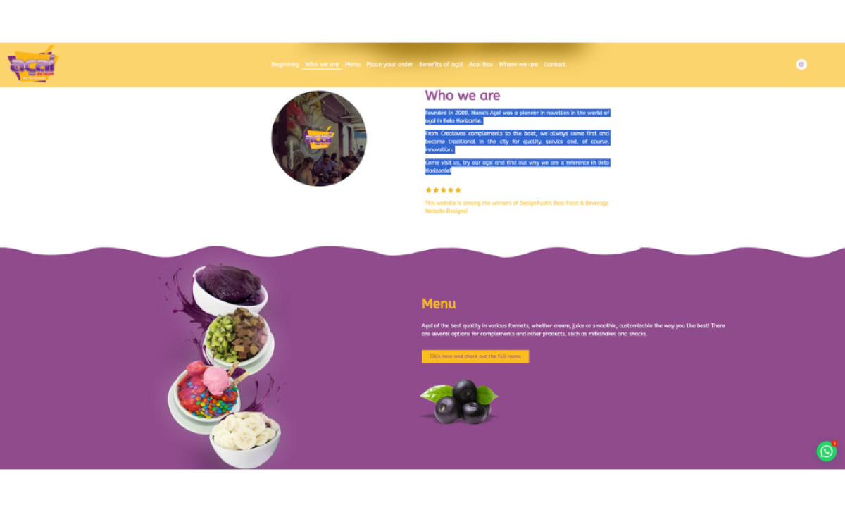 Açaí da Nana about and menu section by Isa Miranda.