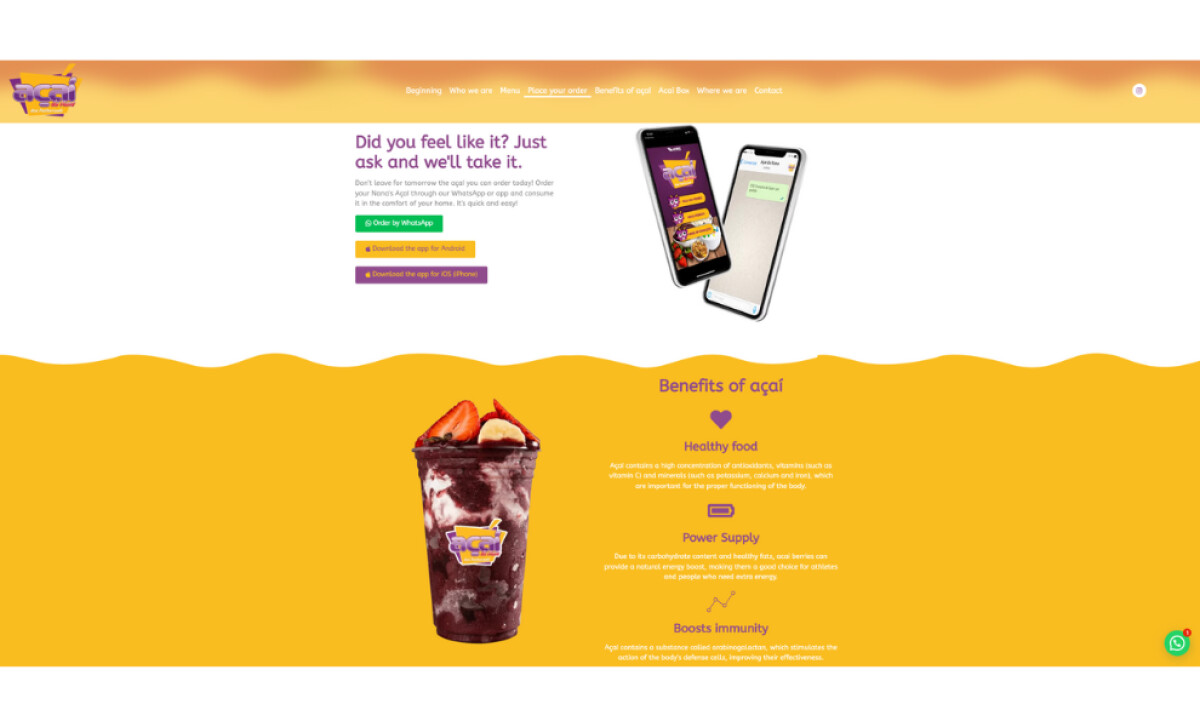 Açaí da Nana order and benefits section by Isa Miranda.