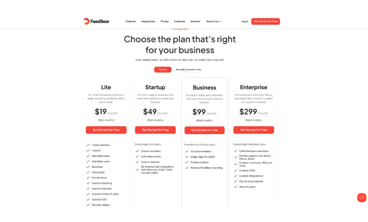 FeedBear pricing section by CRFT Studio.