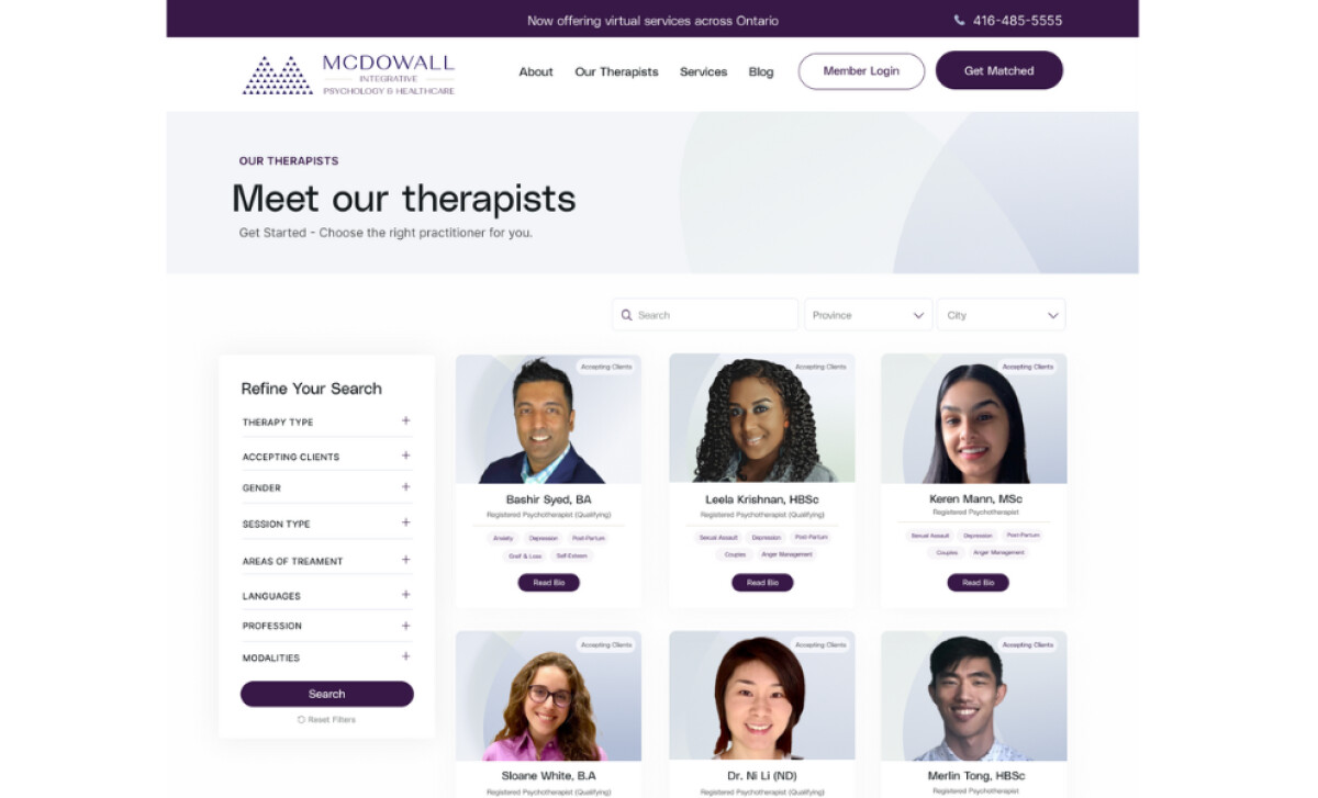 McDowall Health therapists page by Supernova Sites.