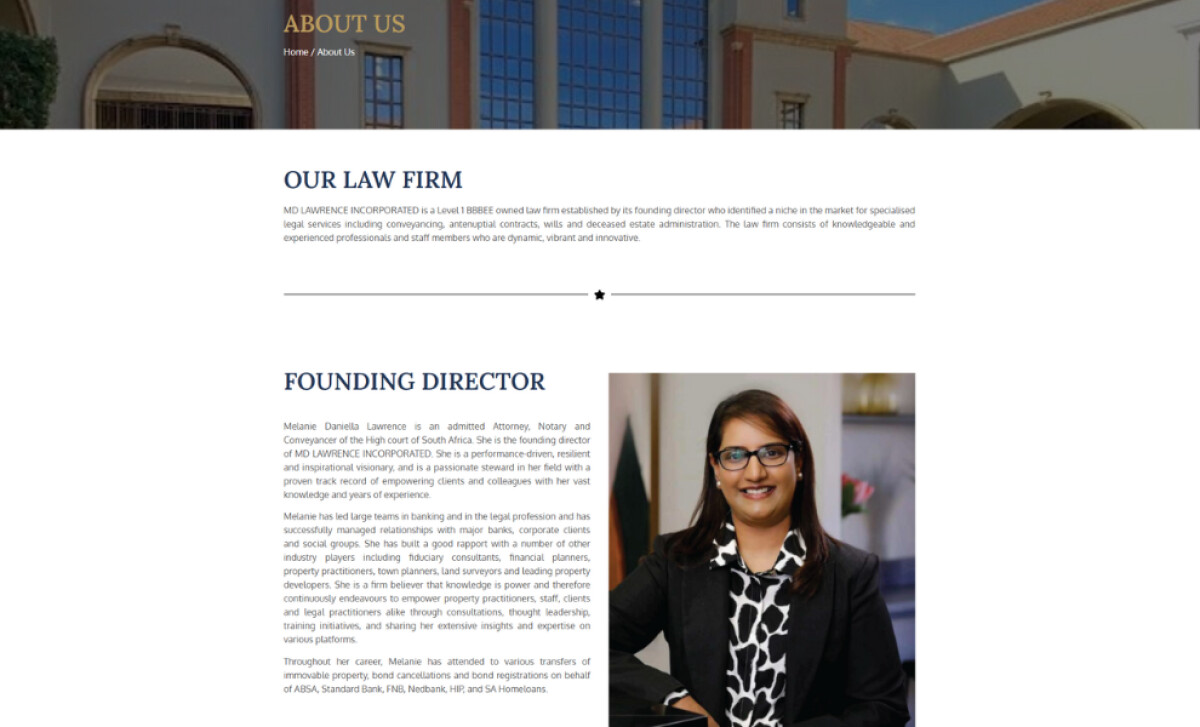 Md Lawrence Incorporated about page by Paper Cone Studios.