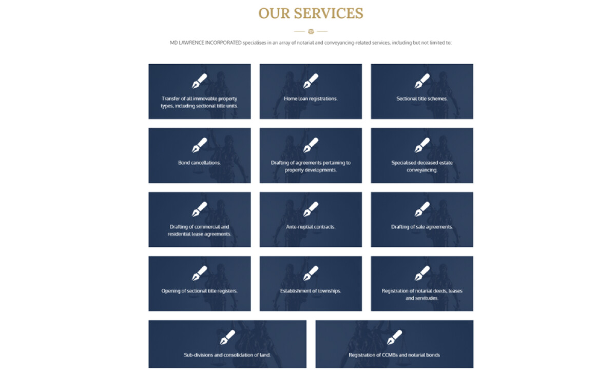 Md Lawrence Incorporated services page by Paper Cone Studios.