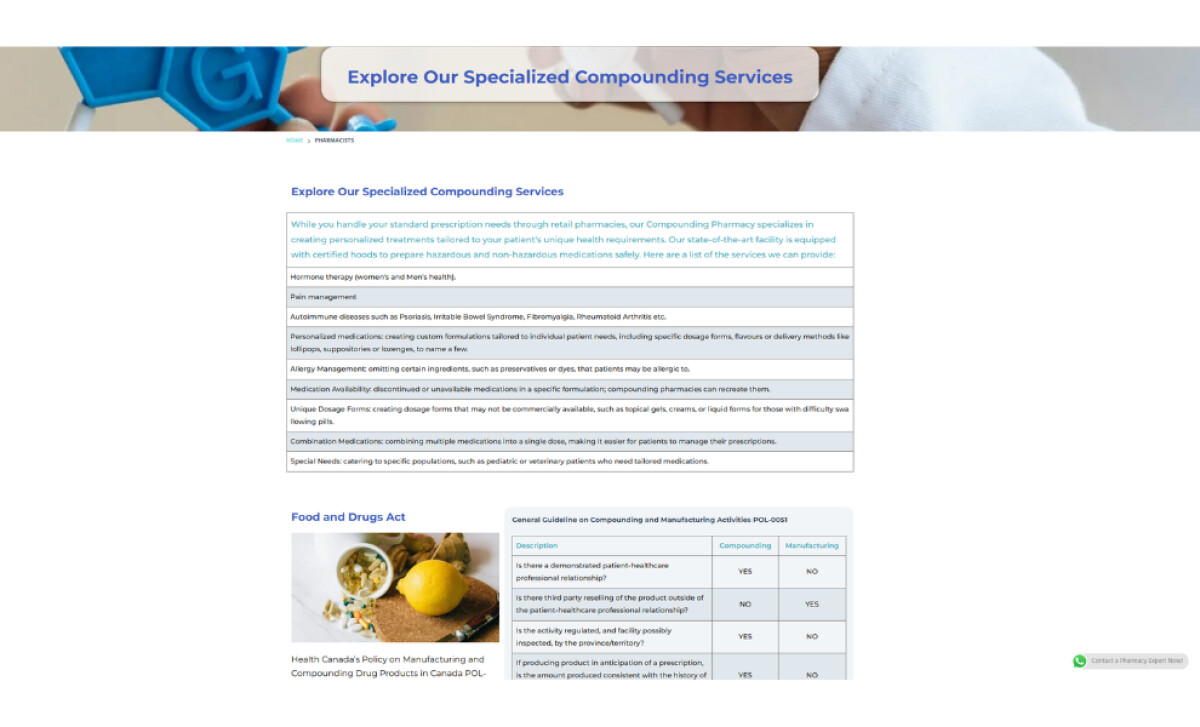 Compound Creations Pharmacy services page by SK Sparkle Tech.