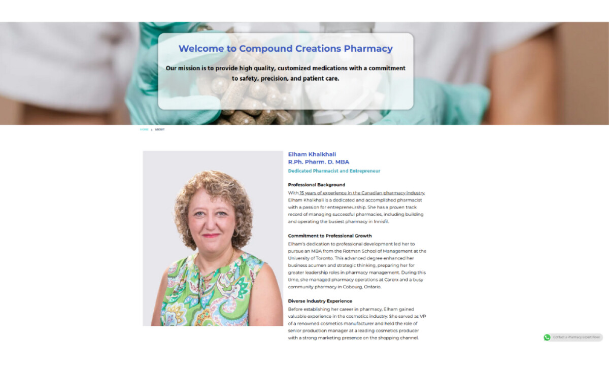 Compound Creations Pharmacys about page by SK Sparkle Tech.