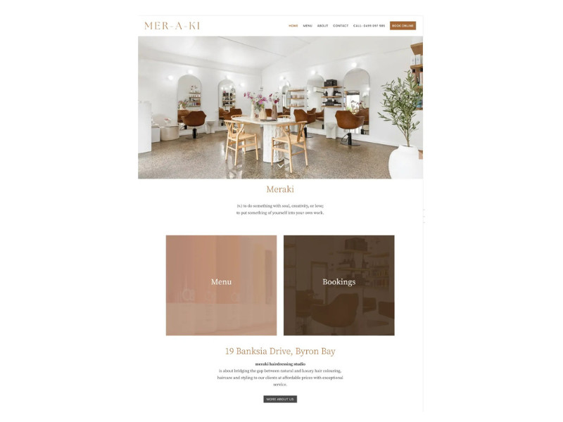 Meraki Hair homepage by Plutonium Creative.