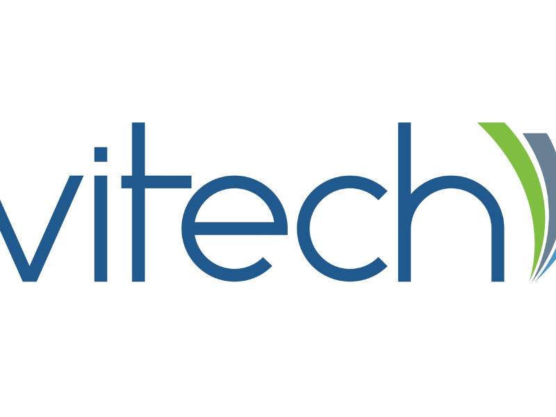 Vitech logo with green and blue curved accents