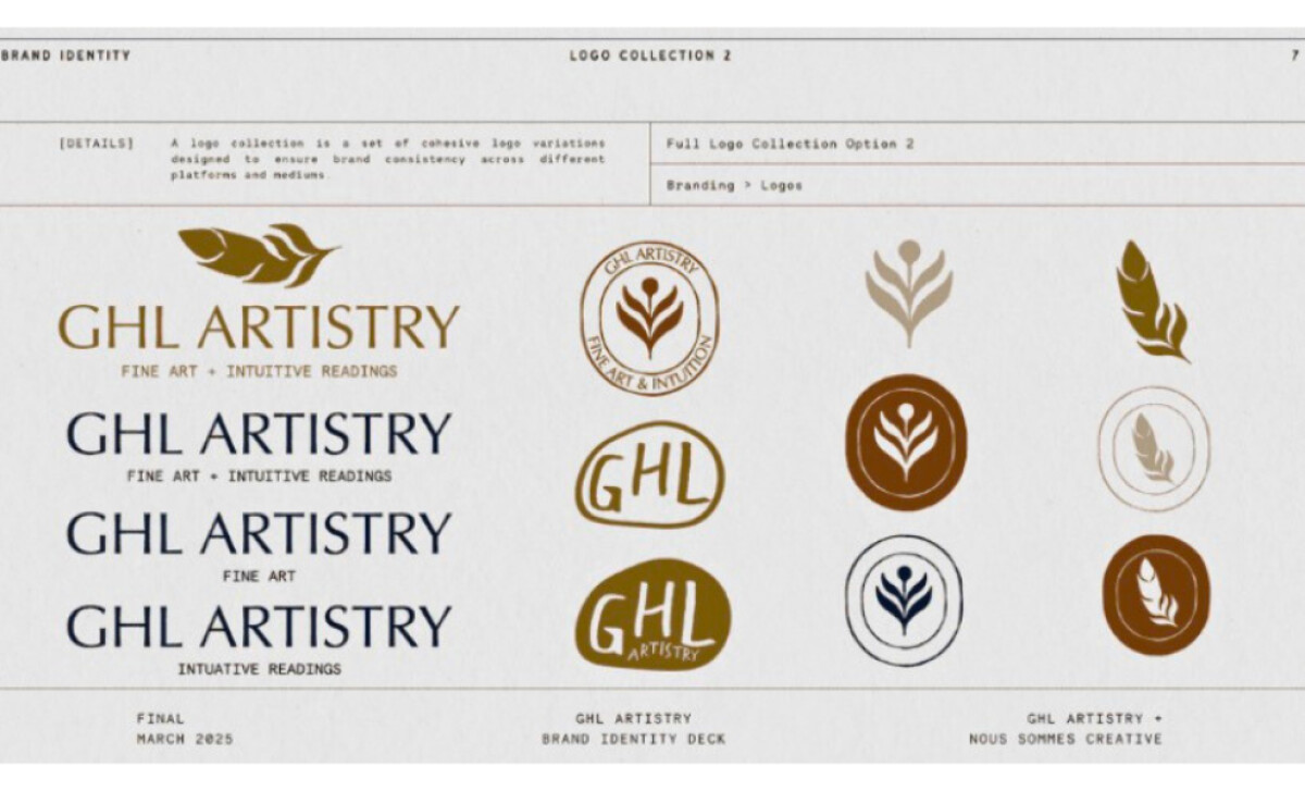 GHL Artistry brand identity sheet showing logo variations with feather icons