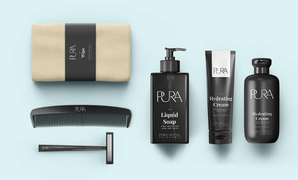 PURA Hotel Patagonia amenities set with branded soap, cream, comb, and razor.