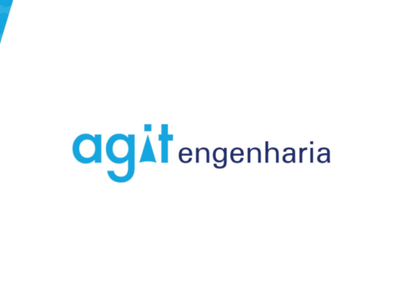 Agit Engenharia logo on white and blue geometric background.
