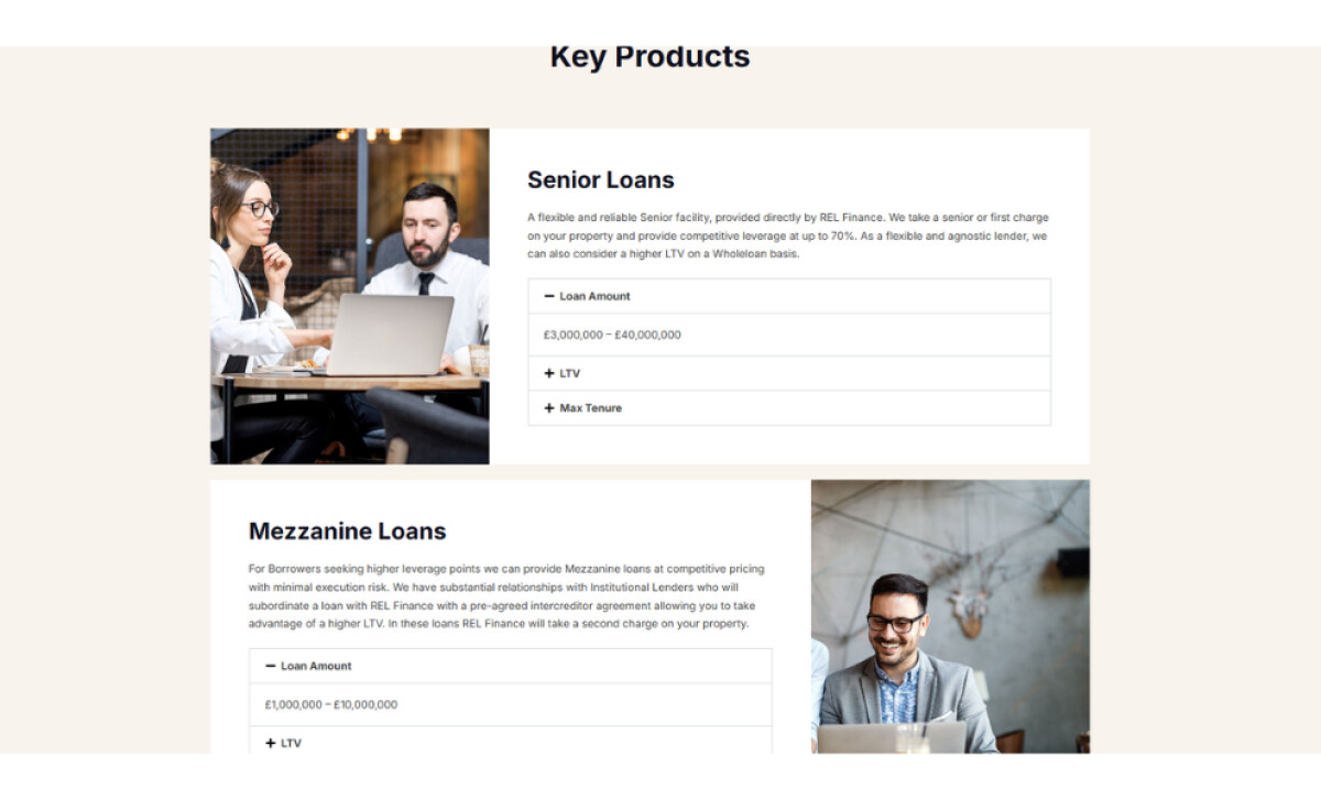 REL Finance key products page by Green Cardinal Design.