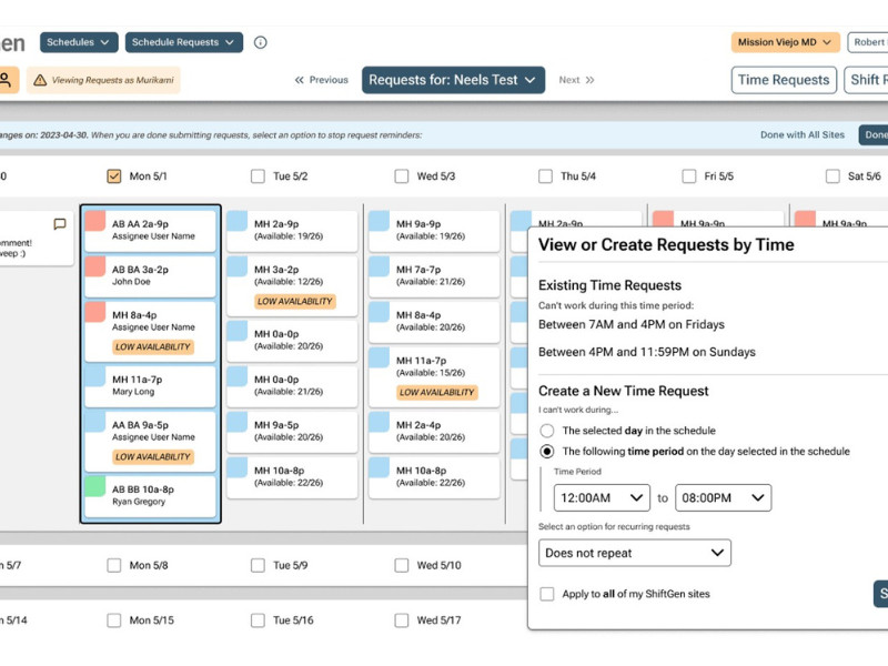 Shiftgen app interface with scheduling view.
