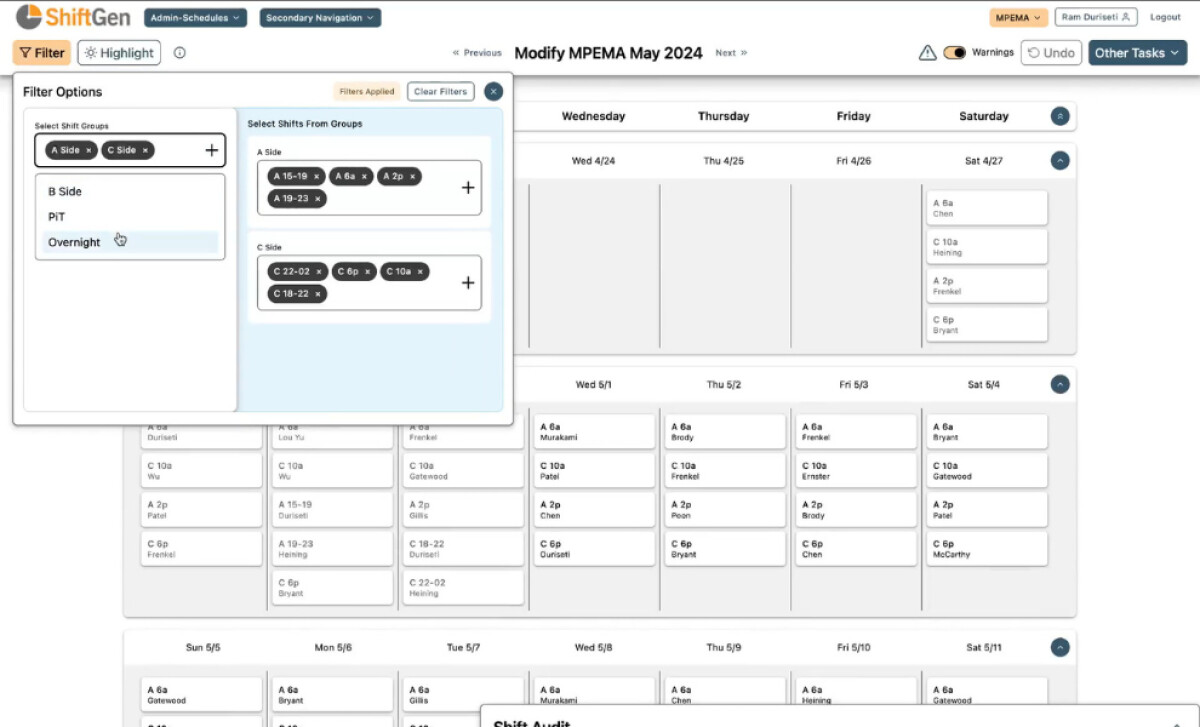 Shiftgen app calendar function.