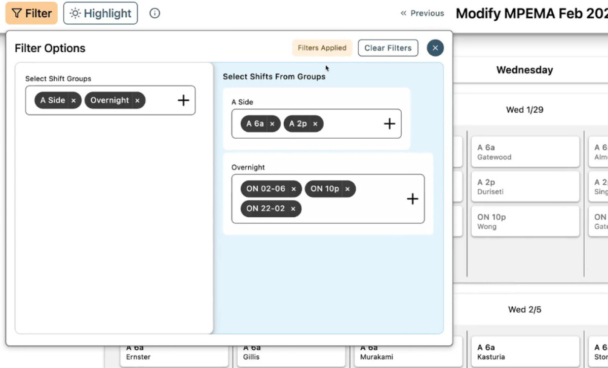 Shiftgen app new filter feature.