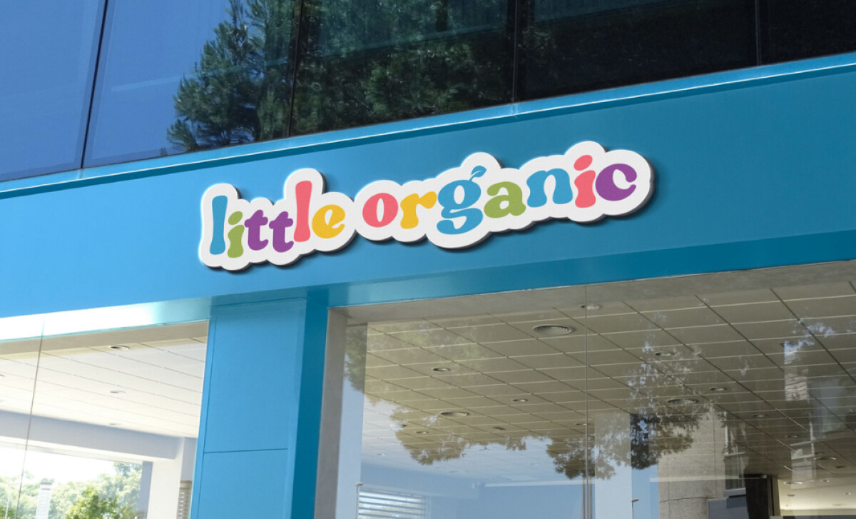 Little Organic store signage with colorful playful logo