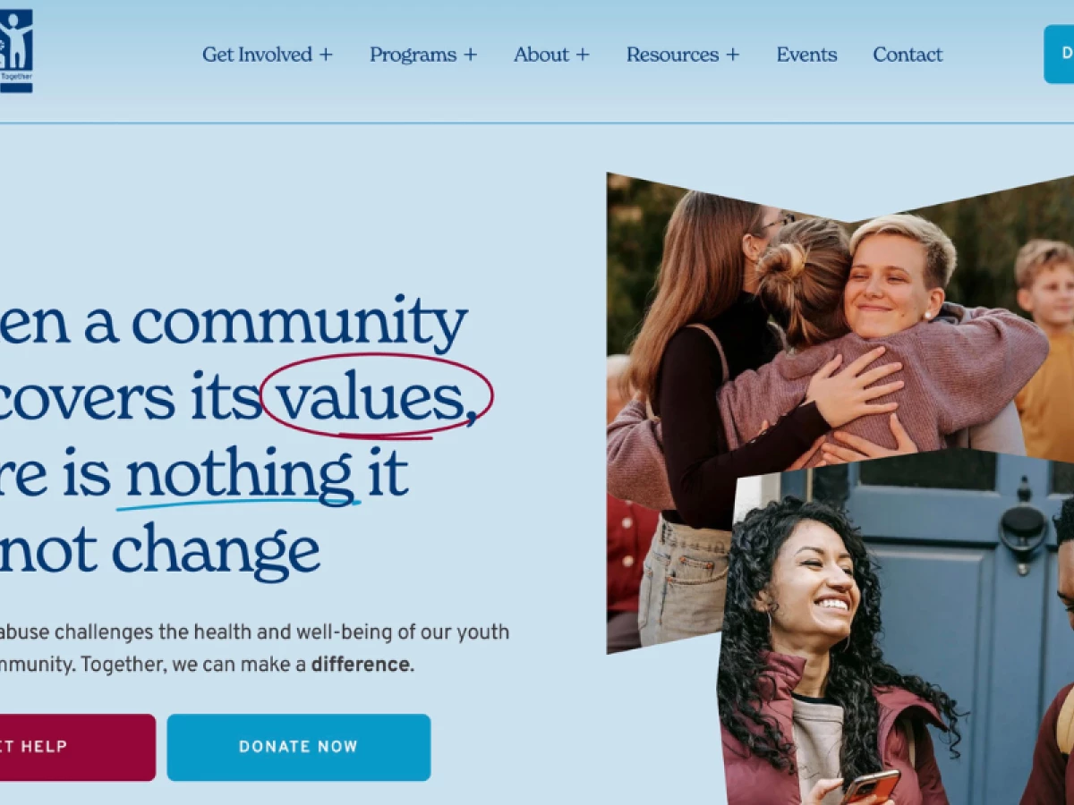 SAFE organization homepage with community values message and images of people smiling and hugging