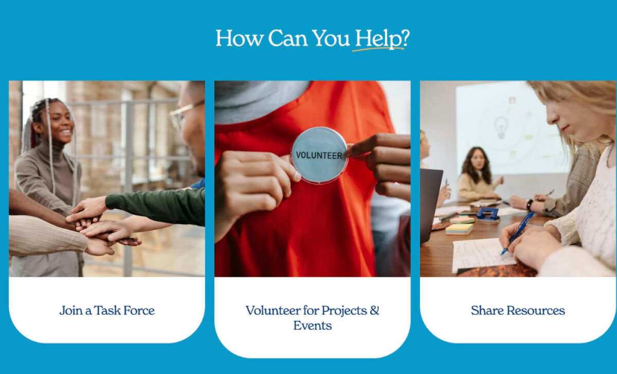 SAFE webpage section showing ways to help with images for task force, volunteering, and resource sharing
