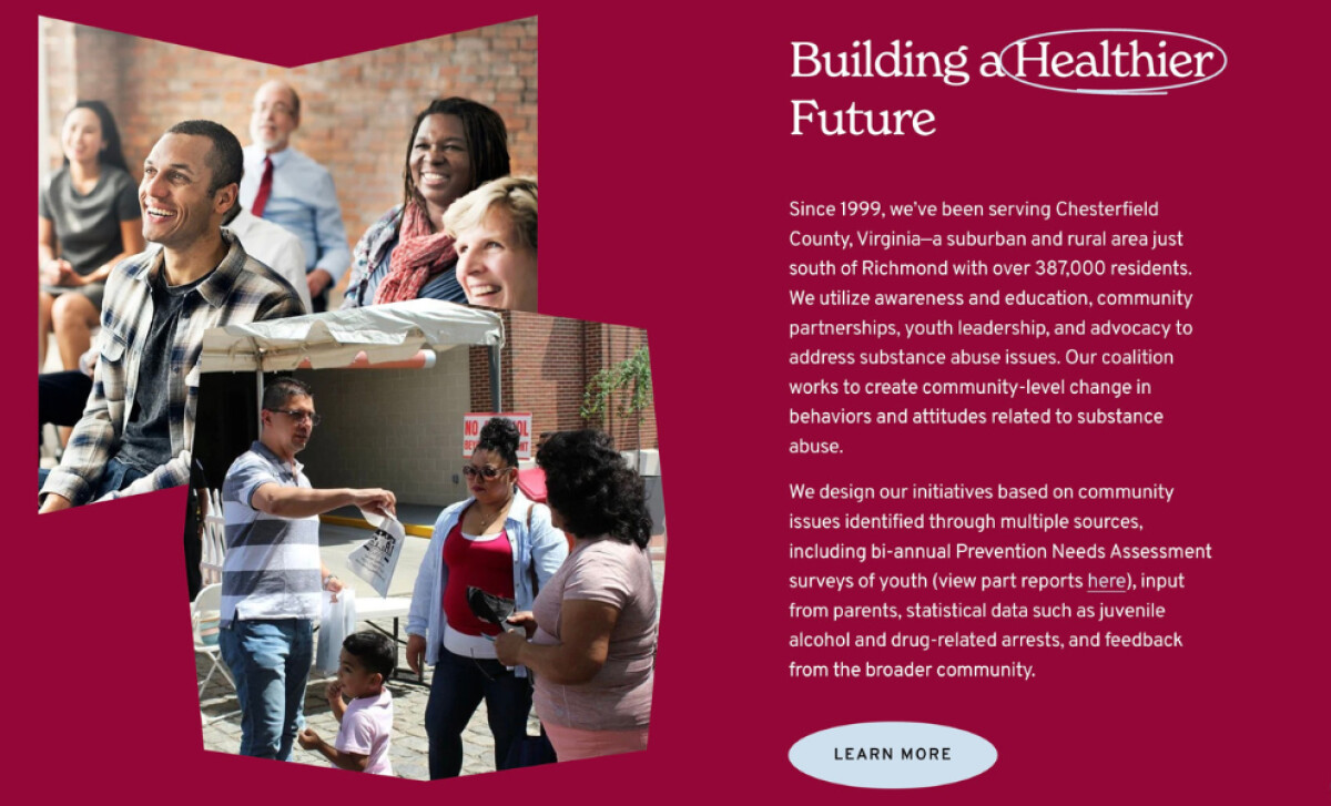 SAFE webpage highlighting community programs and healthier future message with people at events