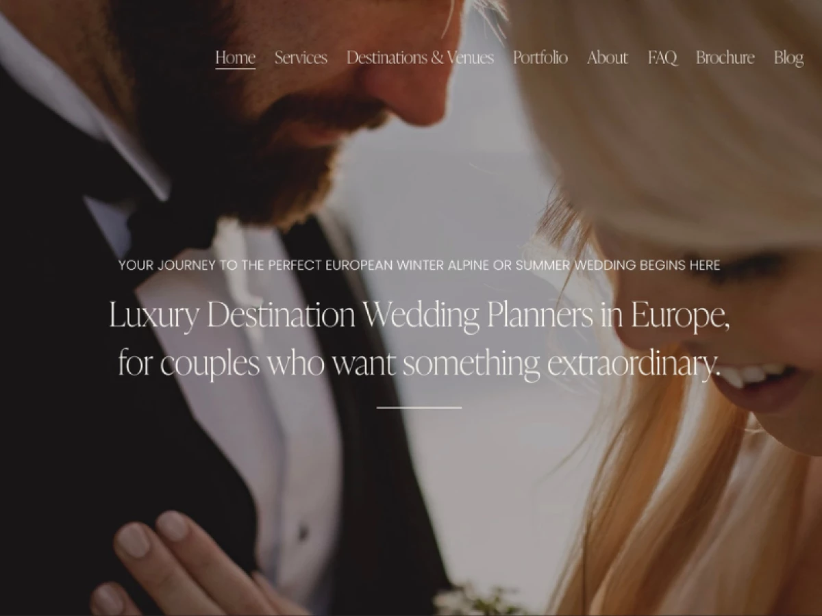 Luxury wedding planner homepage with bride and groom in elegant typography overlay