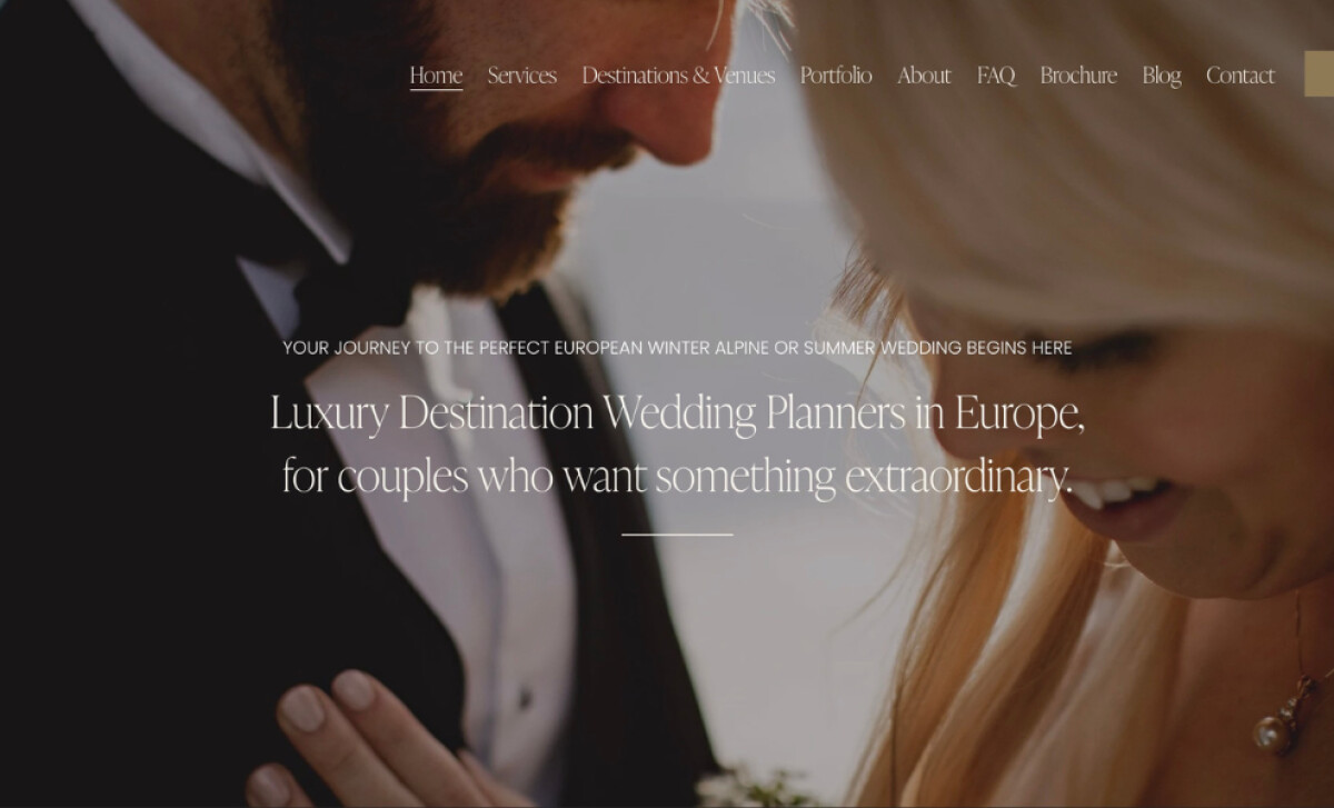 Luxury wedding planner homepage with bride and groom in elegant typography overlay
