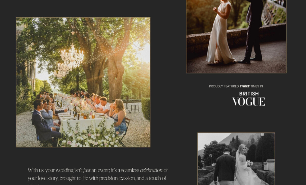 Mountain Weddings portfolio page with outdoor dinner, couple photos, and British Vogue feature