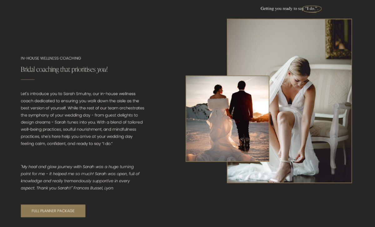 Mountain Weddings bridal wellness coaching section with images of bride preparation and couple in snowy mountains