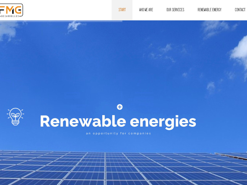 FMG Desarrollos renewable energies webpage with solar panels under blue sky.