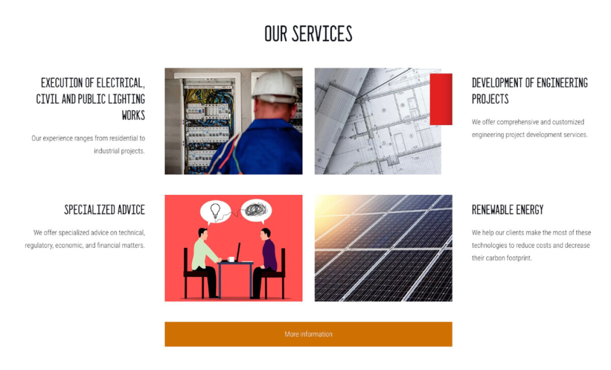 FMG Desarrollos services page showing electrical works, engineering projects, consulting, and renewable energy.