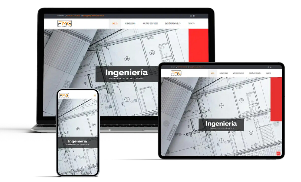 FMG Desarrollos website displayed on laptop, tablet, and mobile with engineering blueprint background.