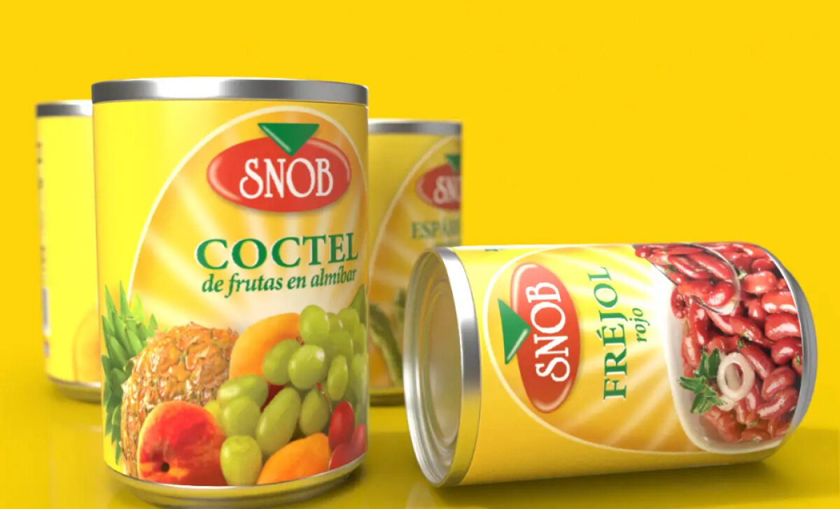 Snob Foods canned products against yellow background