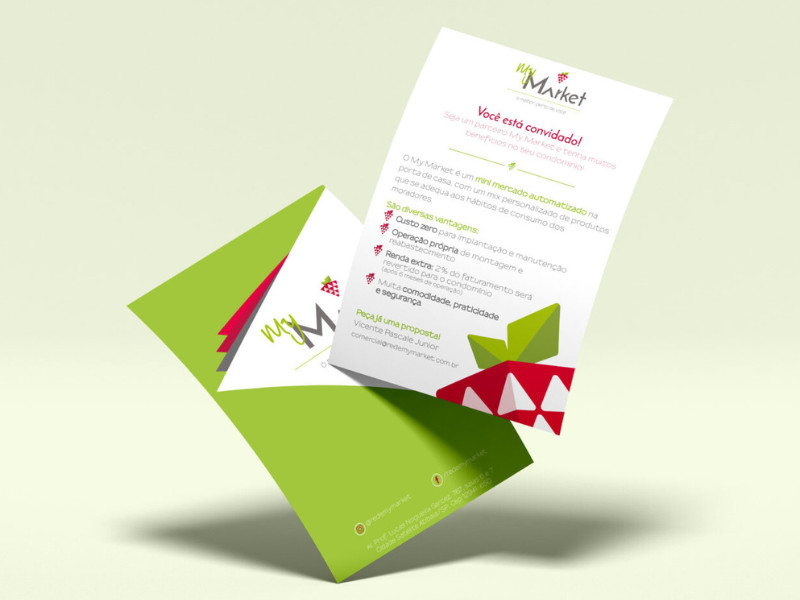 MyMarket promotional flyer with green and red branding and strawberry logo
