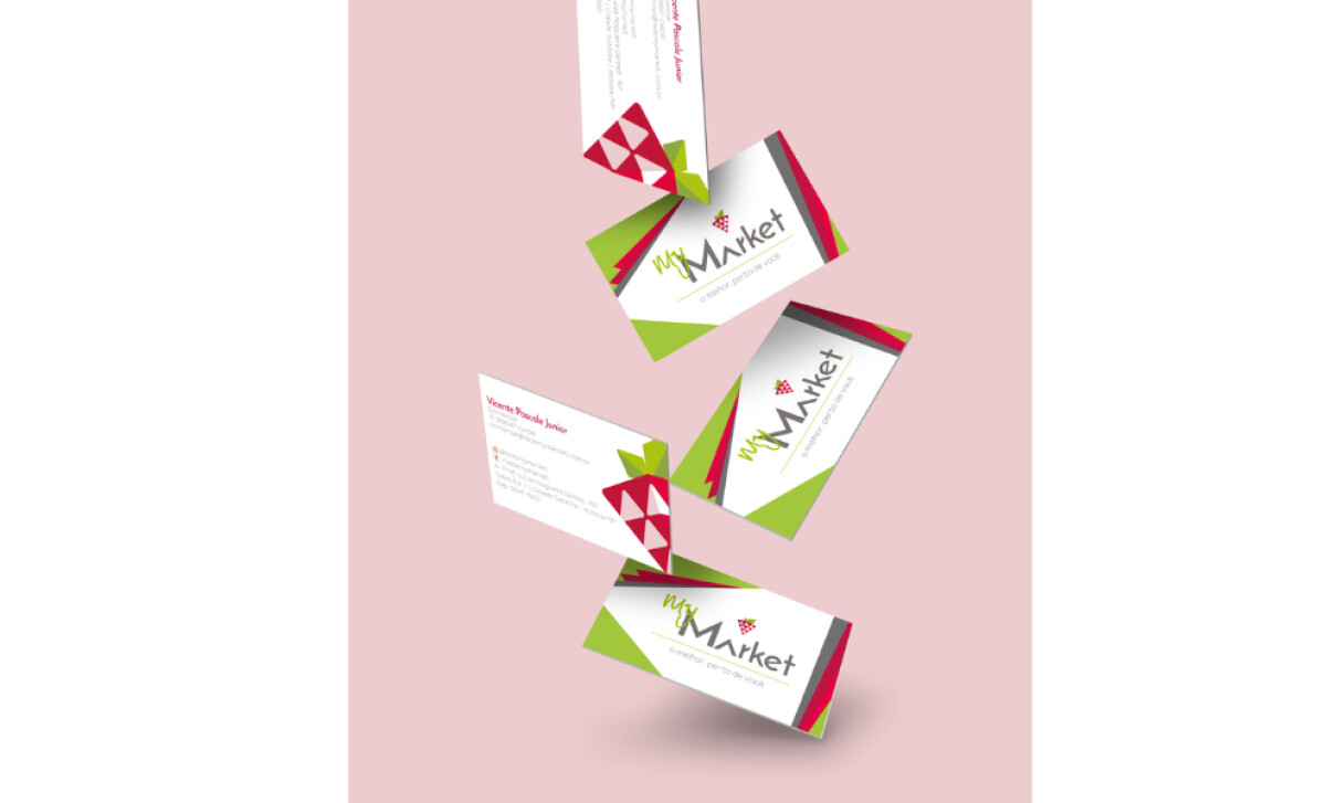 MyMarket business cards with colorful geometric strawberry design