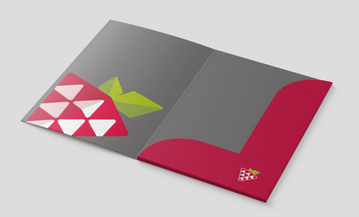 MyMarket branded presentation folder with large red and green strawberry logo