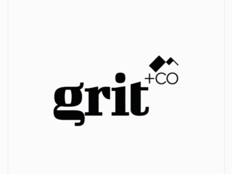Grit +CO logo in bold serif font with abstract icon