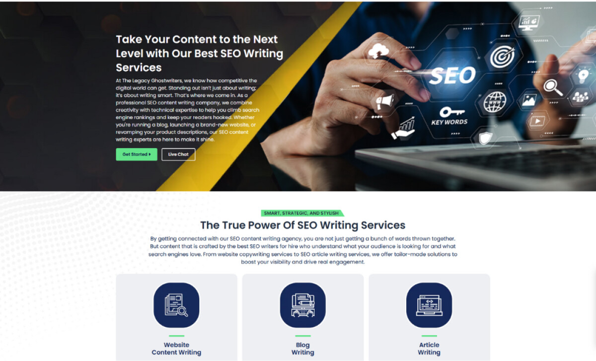 The Legacy Ghostwriters services page by DM Nexa Marketing.