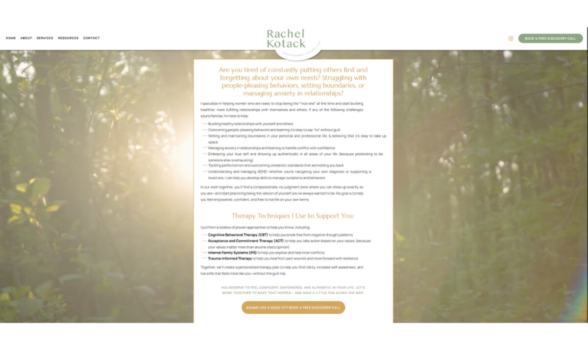 Rachel Kotack Psychotherapy discovery call page by Unica Formo.