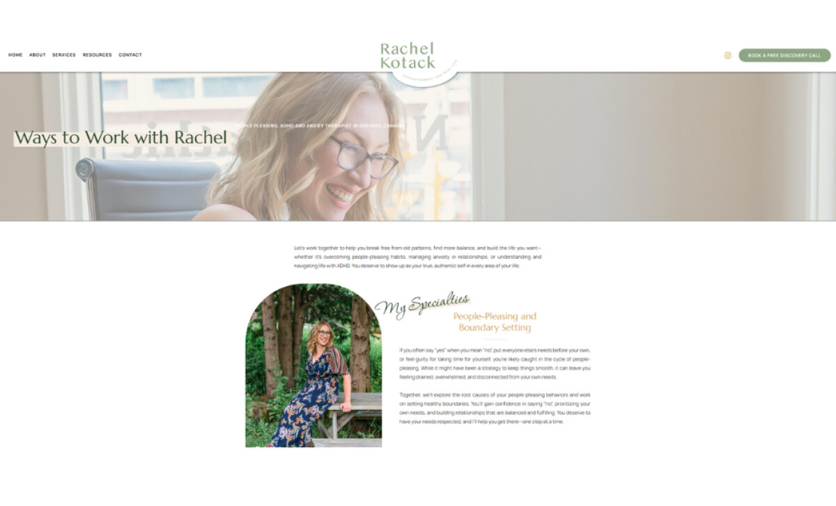 Rachel Kotack Psychotherapy services page by Unica Formo.