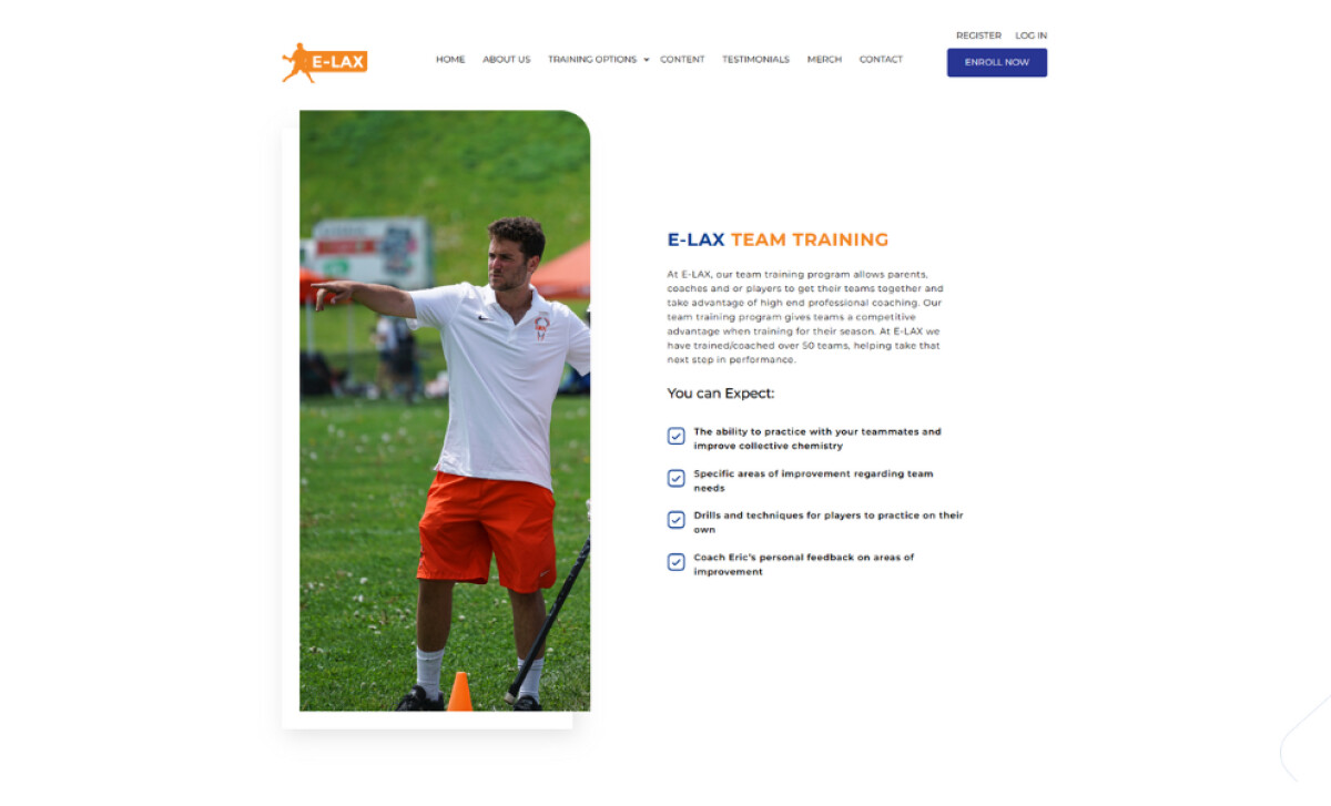 E-LAX Training team training page by Creatopia Digital Marketing.