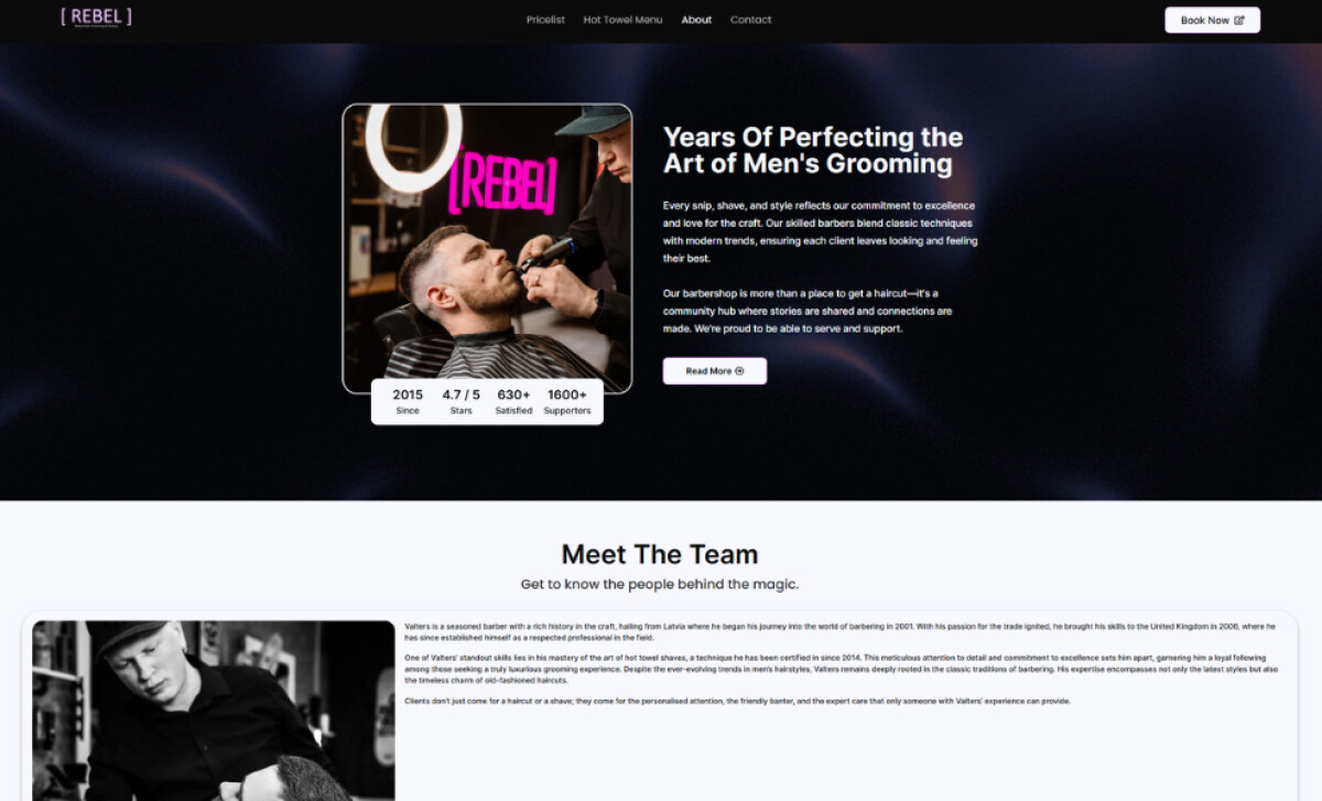 Rebel Male Grooming about page by Kristapps Web Development.