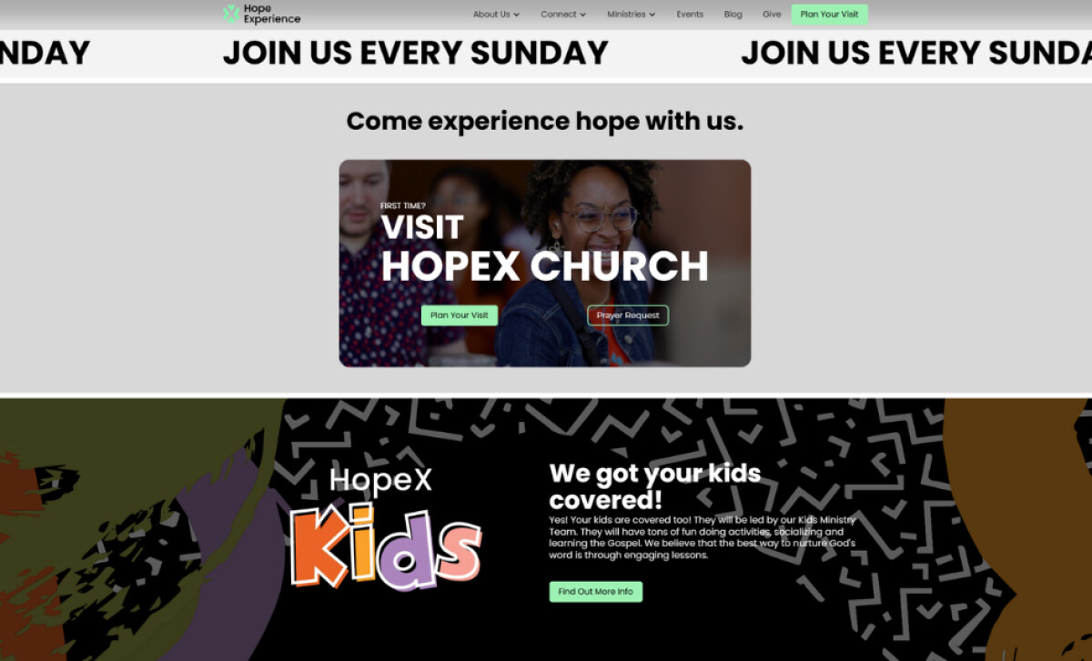 Invitation to visit HopeX Church with call-to-action buttons by Digital Roast Studio.