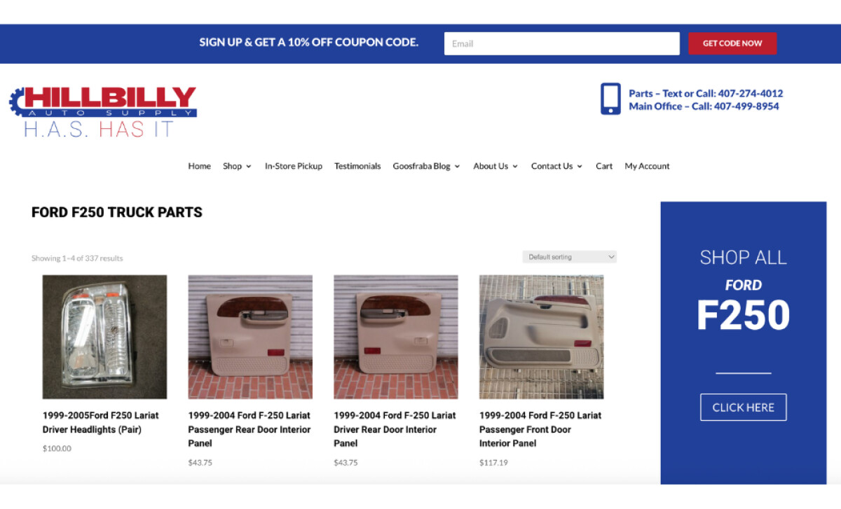 Hillbilly Auto Supply Website's Product Showcase
