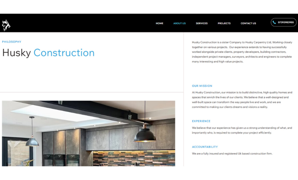 Husky Construction about page by Crafted Pixel.
