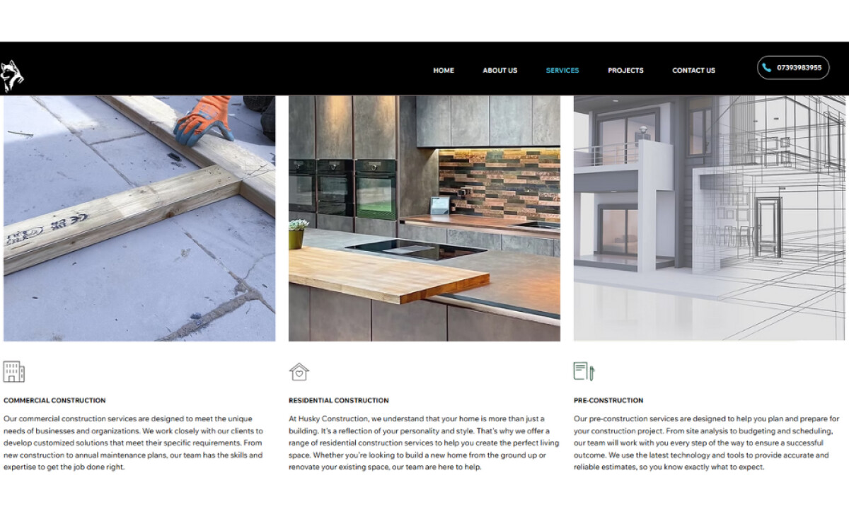 Husky Construction services page by Crafted Pixel.