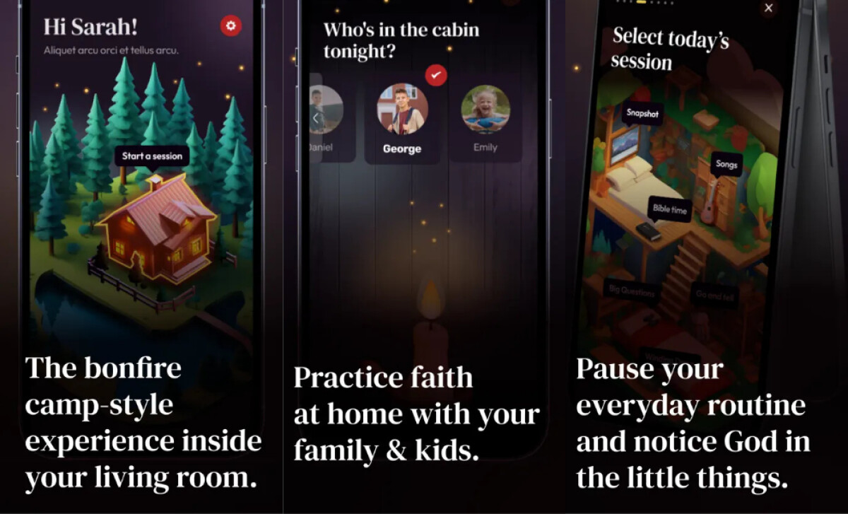 Cabin Time app showing cabin interior, forest cabin by lake, and candle illustration.